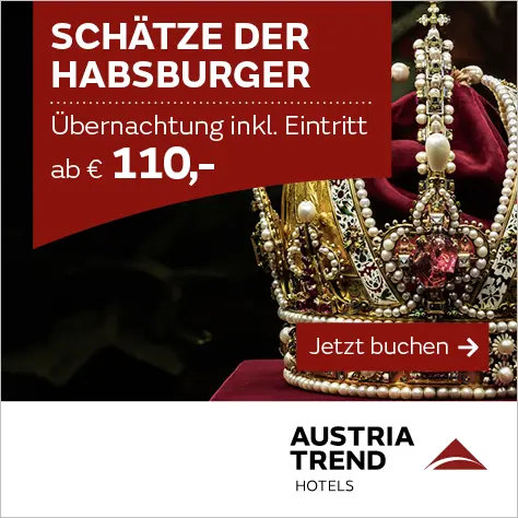Anzeige für Austria Trend Hotels: Schätze der Habsburger. Eine prächtige Krone im Hintergrund. Der Text informiert über Übernachtungen inklusive Eintritt ab 110 Euro und bietet einen Button zum Buchen an.
