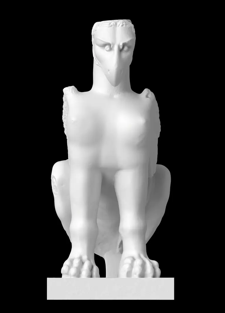 Das Bild zeigt ein Rendering einer Skulptur: Eine sitzende Sphinx mit Greifenkopf. 