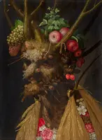 Das Bild zeigt ein fantasievolles Gesicht zusammengesetzt aus Pflanzen und Früchten, die typisch für die vier Jahreszeiten sind. Darunter sind Äpfel, Trauben und Kirschen. Um das Gesicht sind Äste, Wurzeln und Blätter zu sehen, während die Unterseite wie eine Art Kragen mit Weizenähren und bunten Blumen verziert ist. Die farbenfrohe Darstellung symbolisiert die Natur und Fruchtbarkeit.
