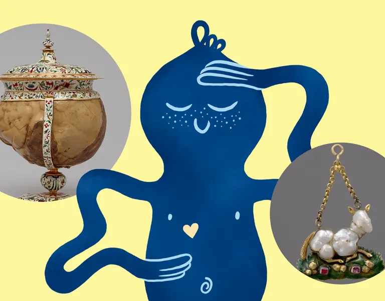 Eine blauer, stilisierter Mensch steht in der Mitte und legt nachdenklich eine Hand an die Stirn. Links ist eine kunstvolle, antike Schale zu sehen, rechts ein dekoratives, glänzendes Einhorn aus Porzellan. Der Hintergrund ist in sanften Gelbtönen gehalten.