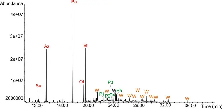 Das Diagramm zeigt ein Chromatogramm mit der Abundanz von Verbindungen über die Zeit. Bedeutende Peaks sind bei den Zeitpunkten 12, 16, 20 und 24 Minuten zu erkennen, gekennzeichnet durch Buchstaben wie Pa, St, Az, Ol, und W, die verschiedene Substanzen repräsentieren.
