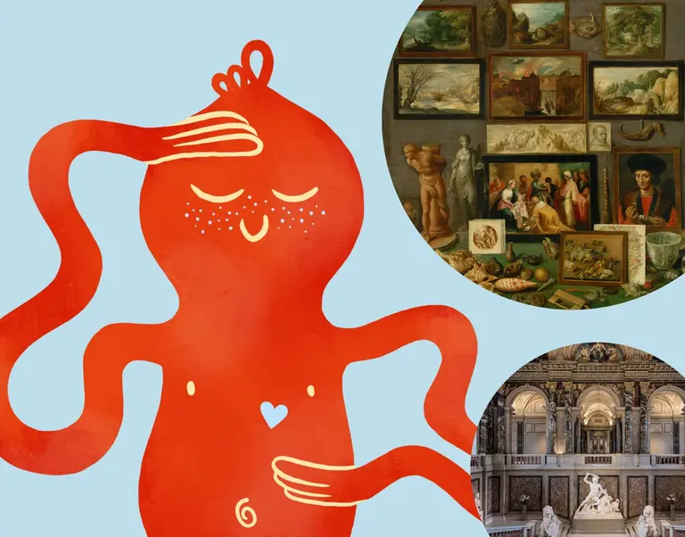 Eine cartoonartige, rote Figur umarmt ihren Bauch und lächelt zufrieden. Im Hintergrund sind Museen mit einer Vielzahl von Gemälden und Skulpturen dargestellt, die Kunst und Kultur repräsentieren. Der Hintergrund ist in einem sanften Blau gehalten.