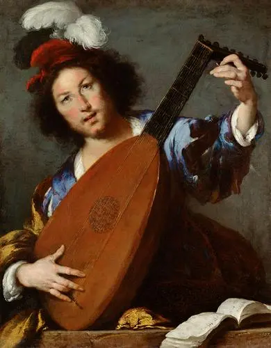 A young man with curly hair, wearing a red hat with a feather, plays a lute while looking directly at the viewer. He is dressed in a blue and yellow garment, and a music sheet rests on the table beside him, suggesting a musical setting.