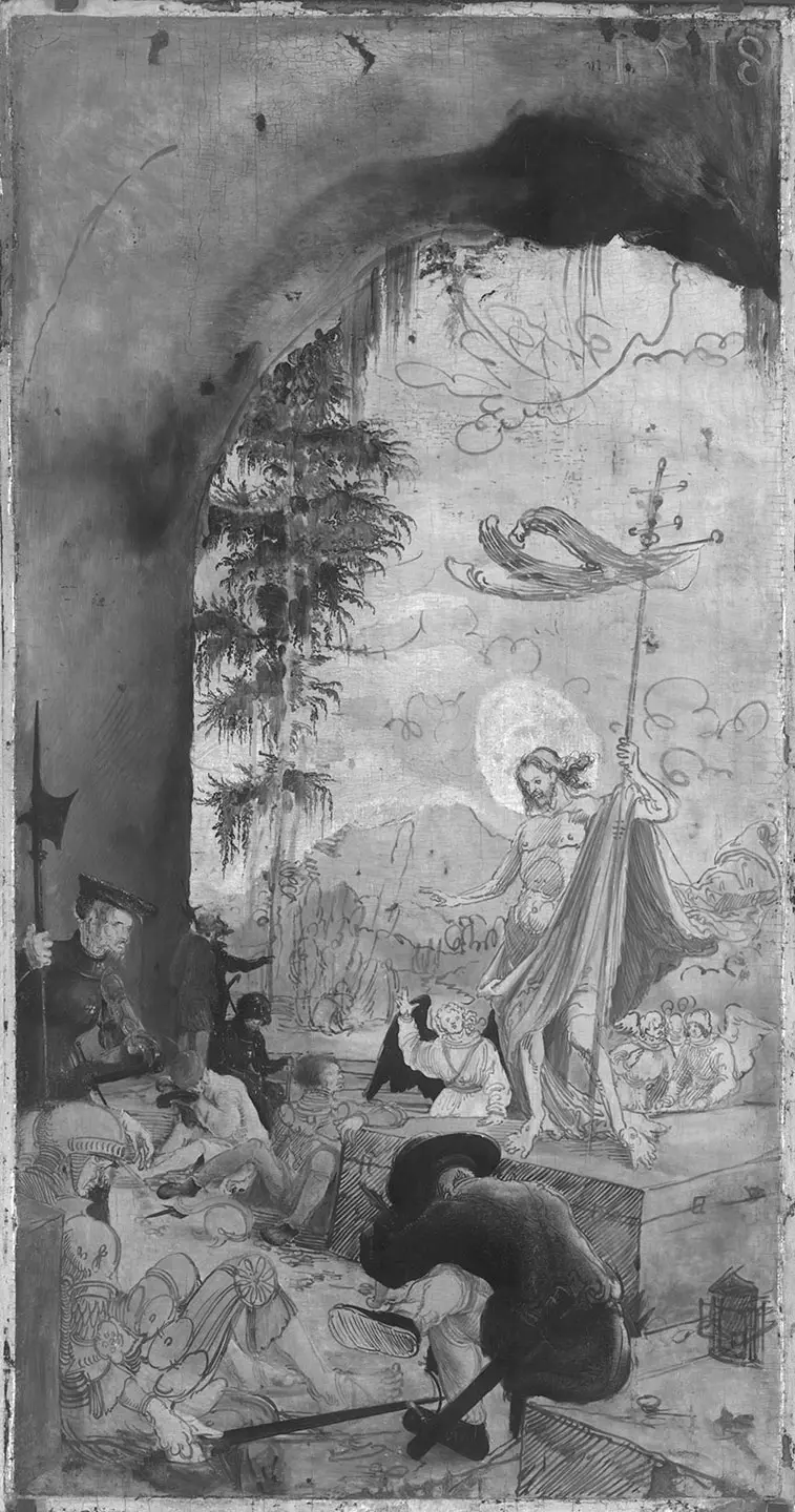 Eine historische Szene zeigt mehrere Figuren in einer dramatischen Darstellung. Im Vordergrund steht ein Mann mit einem langen Stab, umgeben von Personen, die verschiedene Emotionen ausdrücken. Im Hintergrund ist eine Landschaft mit Bäumen und einem hellen Mond zu sehen.