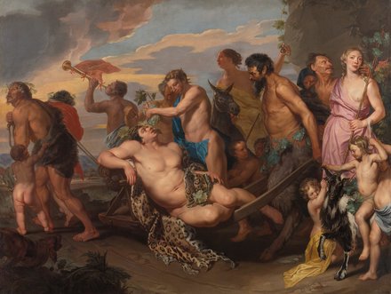 Eine Gruppe von Menschen in antiker Kleidung feiert fröhlich, während einige tanzen und musizieren. In der Mitte liegt ein kräftiger Mann in Tierhaut, umgeben von weiteren Figuren, die Pflanzen und Früchte tragen. Der Hintergrund zeigt eine dramatische Landschaft bei Sonnenuntergang.