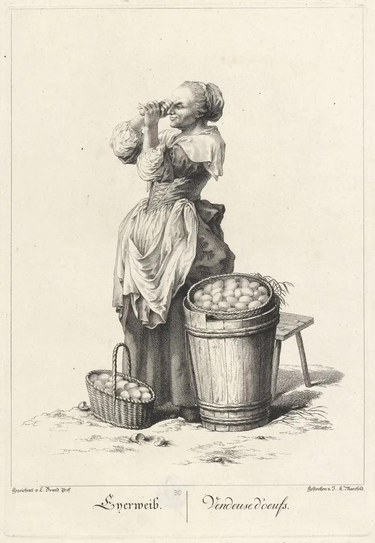 A historical illustration depicts a woman in 19th-century attire, holding a glass bottle to her mouth, while standing beside a basket and a wooden barrel filled with apples. She appears to be savoring the drink, conveying a moment of enjoyment.