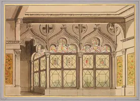 Innenansicht eines Raumes mit kunstvoll gestalteten, bunten Fenstern. Die Wände sind mit floralen Mustern verziert. Die Architektur zeigt detaillierte Verzierungen und Bögen, die dem Raum eine historische und elegante Atmosphäre verleihen.