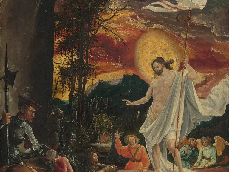 Das Gemälde zeigt die Auferstehung Christi, umgeben von Engeln und Soldaten. Jesus steht glorreich mit einer Fahne in der Hand, während die Umstehenden in verschiedene Richtungen blickend auf die Szene reagieren. Der Hintergrund zeigt einen dramatischen Sonnenuntergang in einer Höhlenlandschaft.