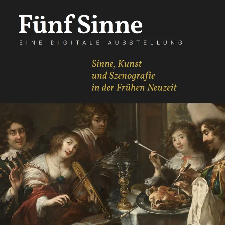 Fünf Sinne – Eine digitale Ausstellung. Die Darstellung zeigt mehrere Menschen, die Musikinstrumente spielen und miteinander interagieren, in einem kunstvollen historischen Setting. Das Bild vermittelt Gespräch und kulturellen Austausch in der frühen Neuzeit.