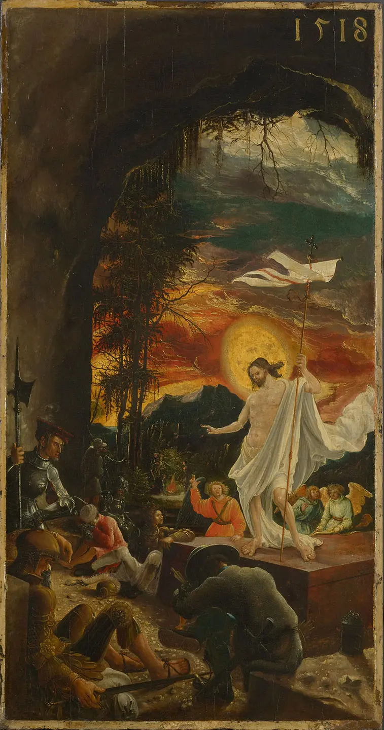Das Bild zeigt die Auferstehung Jesu Christi, der auf einem Podest steht und eine Fahne hält. Um ihn herum sind verschiedene Figuren dargestellt, einige knien oder sitzen und blicken zu ihm auf. Der Hintergrund zeigt eine dramatische Landschaft mit einem leuchtenden Sonnenuntergang.