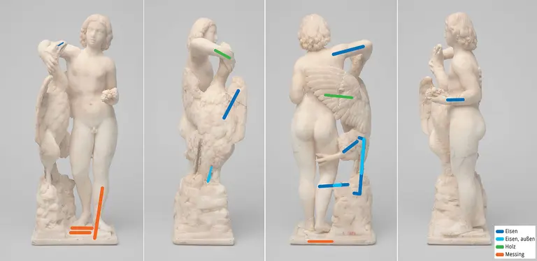 Die Abbildung zeigt eine Statue eines jungen Mannes, der mit einem Vogel interagiert. Der Mann steht aufrecht und ist teilweise entblößt. Der Vogel ist groß und hat detaillierte Federn. Die Statue ist aus hellem Material gefertigt und zeigt verschiedene Ansichten des Mannes und des Vogels.