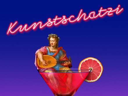 Ein pinker Cocktail mit einer kleinen Statue, die eine Gitarre spielt, sitzt in einem Martiniglas. Ein Stück Grapefruit dekoriert den Rand des Glases. Über dem Glas steht der Schriftzug "Kunstschatzi" in leuchtendem Neon. Der Hintergrund ist blau-violett.