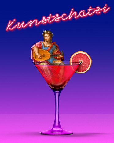 Ein pinker Cocktail mit einer kleinen Statue, die eine Gitarre spielt, sitzt in einem Martiniglas. Ein Stück Grapefruit dekoriert den Rand des Glases. Über dem Glas steht der Schriftzug "Kunstschatzi" in leuchtendem Neon. Der Hintergrund ist blau-violett.