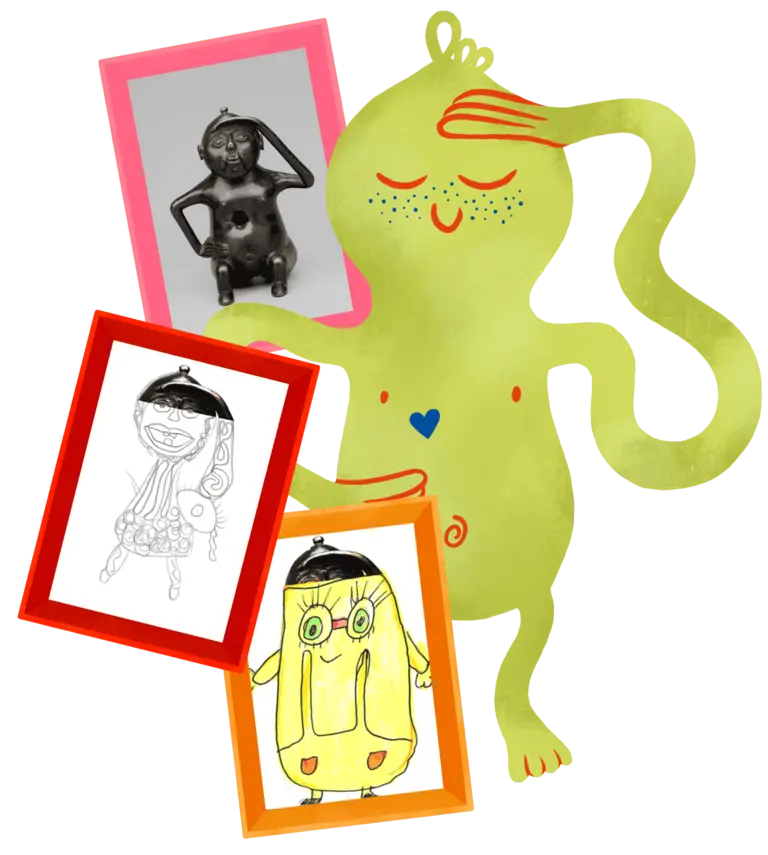 A whimsical green character with a playful expression holds three framed artworks: one is a black sculpture, and two are colorful drawings with cartoonish figures. The character's long, wavy hair adds to its cheerful demeanor. A small heart is visible on its body.