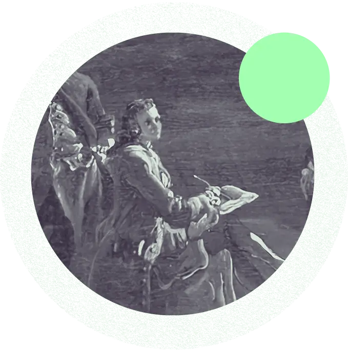 A monochromatic portrait of a person seated, looking to the side, with a draped garment. The background is textured and dark, creating contrast with the figure. A green circular shape overlays part of the image, offering a modern touch to the classical style.