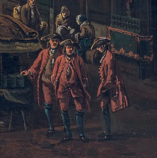 Three men in 18th-century clothing, including long coats and hats, stand in a bustling market scene. They appear engaged in conversation, with one gesturing. In the background, other figures are visible, along with market stalls selling goods. The setting suggests a lively atmosphere.