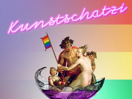 Ein stilisierter Cocktailglas mit einer bunten Mischung aus Kunstfiguren, die fröhlich zusammenstehen. Im Hintergrund sind Regenbogenfarben und der Schriftzug "Kunstschatzi" in Neonlichtern zu sehen.