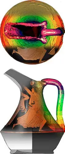 Die Abbildung zeigt einen farbigen Topf mit einer runden Öffnung oben und einem eleganten Krug darunter. Der Krug ist mit einem antiken Motiv verziert, das eine Person darstellt, die eine rituelle Handlung vollzieht.