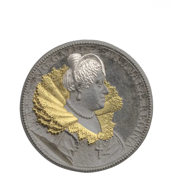 Eine Silbermünze zeigt das Porträt einer Königin mit einem goldenen Kragen und aufwendiger Frisur. Der Hintergrund ist neutral gehalten, um den Fokus auf das Detail der Münze und das Gesicht der Herrscherin zu lenken.