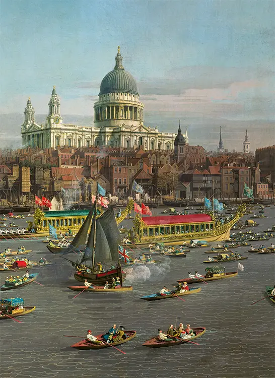 Eine lebendige Szenerie mit vielen Booten auf einem Fluss, im Vordergrund sind zahlreiche kleine Boote, einige mit Menschen. Im Hintergrund erhebt sich die imposante Kuppel der St. Paul's Cathedral über eine Stadtlandschaft mit historischen Gebäuden.