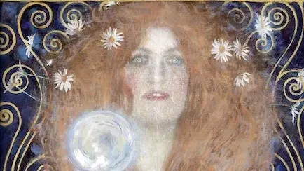 Eine weibliche Figur steht nackt und hält eine Glaskugel in der Hand. Um sie herum sind schwungvolle, dekorative Linien und Ornamente. Oben befindet sich ein Schriftzug in geschwungener Schrift, der einen poetischen Text enthält. Die Farbtöne sind sanft und harmonisch.