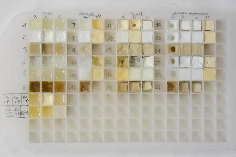 Das Bild zeigt eine Farbtabelle mit verschiedenen Farbmusterproben in quadratischen Feldern. Die Proben reichen von hell- bis dunkelgelb und beige. Jede Reihe und Spalte ist nummeriert, um die Farbtöne zu kennzeichnen. Anmerkungen befinden sich am Rand.