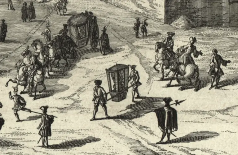 A historical illustration depicting a busy street scene with various figures. There are people on horseback, footmen, and carriages. Some individuals are engaged in conversation, while others are walking through the marketplace, showcasing an atmosphere from a past era.