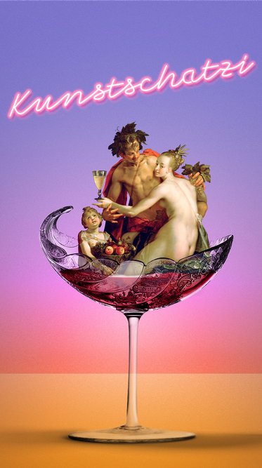 Bunte Grafik mit einem großen Weinglas, das mit Früchten und mythologischen Figuren gefüllt ist. Über dem Glas steht in leuchtenden Buchstaben der Text "Kunstschatzi". Der Hintergrund zeigt einen Farbverlauf von Violett zu Orange.