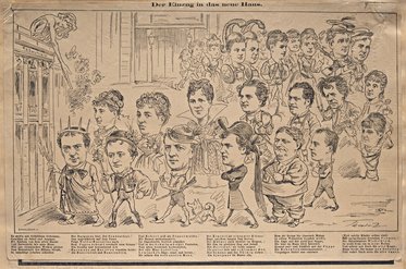 Eine Karikatur zeigt verschiedene Personen, die in ein neues Haus einziehen. Die Charaktere sind humorvoll dargestellt und tragen unterschiedliche Kleidung. Im Vordergrund wird eine Person mit einem Hund dargestellt. Der Titel beschreibt die Szene als „Der Einzug in das neue Haus“.