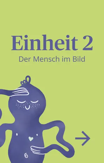Illustration mit einem stilisierten menschlichen Figurenmotiv in lila, das lächelnd ist und verschiedene Gesten macht. Darüber steht in großer Schrift 