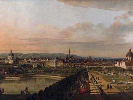 Eine weite Stadtansicht zeigt ein Panorama mit Gebäuden, Türmen und einem Garten im Vordergrund. Der Himmel ist teils bewölkt, teils klar, während Menschen im Garten und am Wasser dargestellt sind. Die Landschaft erstreckt sich bis zu den sanften Hügeln am Horizont.