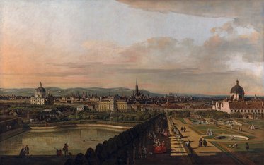 Eine weite Stadtansicht zeigt ein Panorama mit Gebäuden, Türmen und einem Garten im Vordergrund. Der Himmel ist teils bewölkt, teils klar, während Menschen im Garten und am Wasser dargestellt sind. Die Landschaft erstreckt sich bis zu den sanften Hügeln am Horizont.