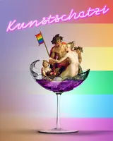 Ein bunter Hintergrund mit Regenbogenfarben, darauf steht der Schriftzug 
