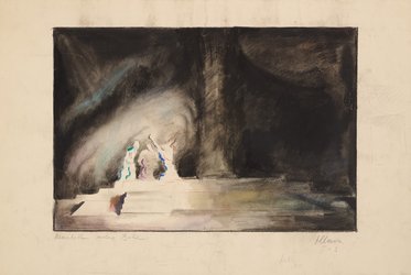 Die Darstellung zeigt eine dramatische Szene mit abstrakten Figuren in hellen Farben, die sich auf einer dunklen Fläche bewegen. Die Farbgebung vermittelt eine emotionale Stimmung, die zwischen Licht und Schatten variiert, und lässt Raum für Interpretation.