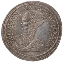 Die Abbildung zeigt eine historische Medaille mit dem Profil von Elisabeth Maria, Herzogin von Württemberg. Ihre detaillierte Frisur und Kleidung sind hervorgehoben. Um das Bild herum ist ihr Name sowie der Titel eingraviert.