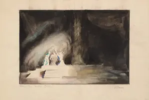 Eine dunkle, abstrakte Komposition mit sanften Farbverläufen zeigt schemenhafte Figuren, die in einer dynamischen Pose miteinander interagieren. Die Formen sind fließend und in verschiedenen Farben gehalten, die sich miteinander vermischen und eine geheimnisvolle Atmosphäre schaffen.