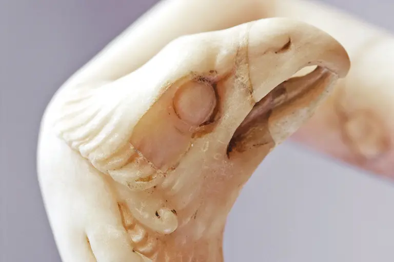 Eine detaillierte Skulptur eines falkenähnlichen Kopfes, aus schimmerndem Material gefertigt. Der Kopf zeigt feine Linien und Konturen, die die Augen und Schnabelpartien betonen. Die Struktur vermittelt einen Eindruck von Eleganz und Handwerkskunst.