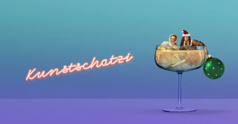 Ein großes, dekoratives Glas enthält Figuren, die festlich gekleidet sind. Im Hintergrund steht der Schriftzug