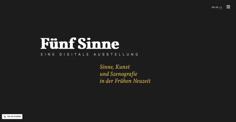 Fünf Sinne: Eine digitale Ausstellung zu den Themen Sinne, Kunst und Szenografie in der Frühen Neuzeit. Der Hintergrund ist schwarz, um die Aufmerksamkeit auf den Titel und das Thema zu lenken.