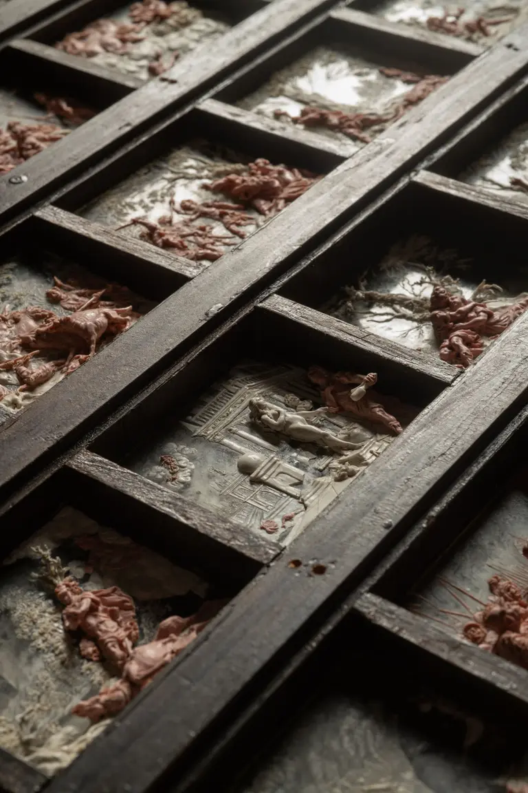 Eine detailreiche Holzplatte mit Vertiefungen und Reliefs, die Figuren und Szenen darstellen. Die Farben sind variierend, darunter helle und rötliche Töne. Die Struktur zeigt kunstvolle Elemente und fester Untergrund, was auf eine aufwändige handwerkliche Verarbeitung hinweist.