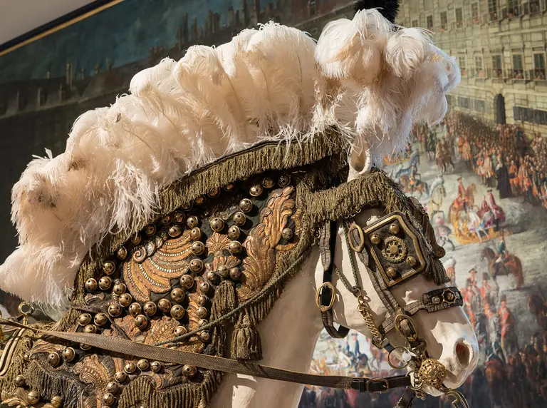The image features a beautifully adorned horse head, showcasing an elaborate headdress made of white feathers and intricate decorations, including golden elements and ornate embellishments. The background hints at a historical scene, enhancing the horse's regal appearance.