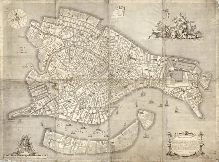 A detailed historical map of a city, featuring a grid layout of streets, landmarks, and water bodies. The map includes illustrations of ships and decorative elements in the corners. There are labels and a compass rose for orientation. The overall design is intricate and ornate.