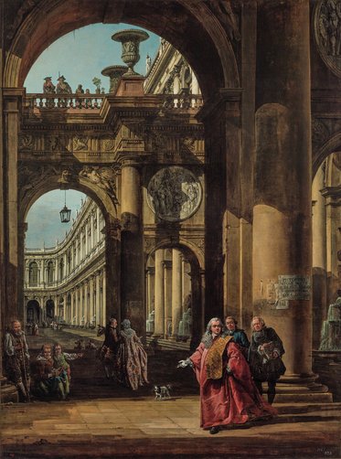 Eine stimmungsvolle Szene in einem großen Innenhof mit mehreren Bögen und Säulen. Zwei Männer stehen im Vordergrund, während andere Figuren im Hintergrund posieren. Im Hintergrund ist eine elegante Architektur mit einer langen Galerie und weiteren Details zu sehen.