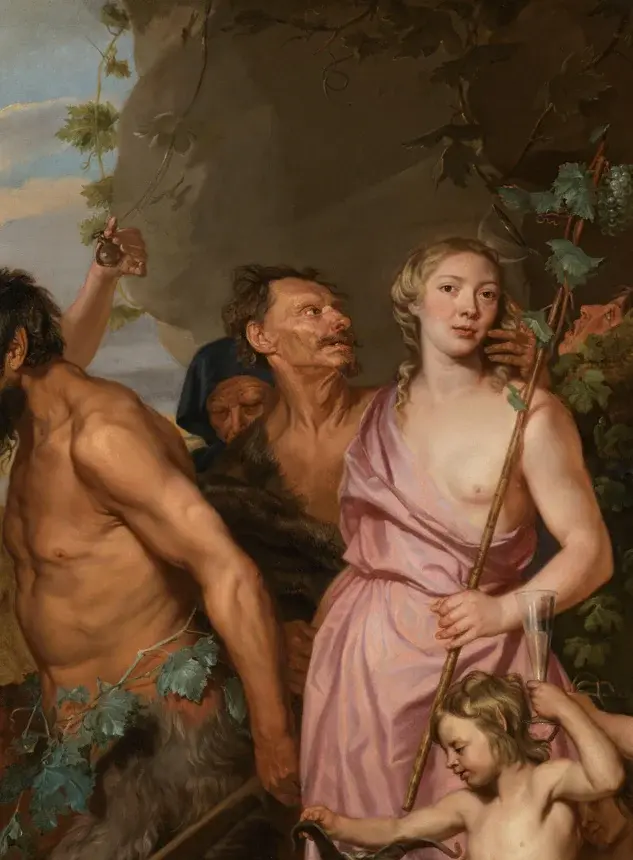 Eine Gruppe mythologischer Figuren ist dargestellt, darunter Dionysos, der Gott des Weins, der mit anderen feiernden und tanzenden Personen interagiert. Die Szene strahlt Freude und Festlichkeit aus, umgeben von Natur und musikalischen Elementen.