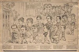 Eine Karikatur zeigt eine Gruppe von Personen, die in ein neues Gebäude eintreten. Verschiedene Charaktere sind in humorvoller Weise dargestellt, darunter Männer und Frauen in unterschiedlichen Posen und Outfits, um die Vielfalt der Anwesenden zu betonen. Der Titel lautet 