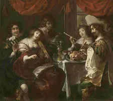 Das Gemälde zeigt fünf Personen in historischer Kleidung, die um einen Tisch sitzen. Eine Frau spielt eine Geige, während ein Mann beim Essen eines Huhns sitzt. Ein goldener Kelch steht auf dem Tisch. Die Atmosphäre wirkt festlich und gesellig, umgeben von roten Vorhängen.