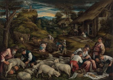 Das Bild zeigt eine ländliche Szene mit Menschen, die Schafe hüten und an einer Arbeit im Freien beschäftigt sind. Während einige Schafe gefüttert werden, sind andere Personen mit landwirtschaftlichen Tätigkeiten beschäftigt. Im Hintergrund sind Bauernhöfe und eine hügelige Landschaft zu sehen.