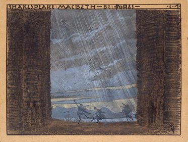 Die Illustration zeigt eine dramatische Szene mit vier silhouettenhaften Figuren, die durch einen offenen Raum inmitten von Regen und Stürmen laufen. Der Himmel ist düster und wolkenverhangen, was die angespannte Stimmung der dargestellten Situation unterstreicht.