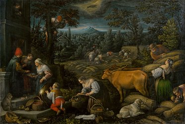 Eine ländliche Szene mit mehreren Personen, die bei der Ernte und Viehhaltung beschäftigt sind. Frauen und Kinder sammeln Getreide, während ein Mann mit einer Kuh und ein weiterer mit einem Hund zu sehen sind. Im Hintergrund sind sanfte Hügel und ein Dorf sichtbar.