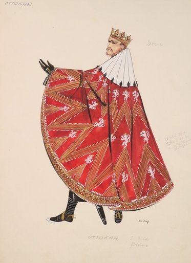 Ein königlicher Charakter in einem prächtigen roten Umhang mit goldenen und weißen Verzierungen. Er trägt eine Krone und hat einen ernsthaften Gesichtsausdruck. Die Pose vermittelt Autorität und Würde. Der Hintergrund ist schlicht, um die Figur hervorzuheben.